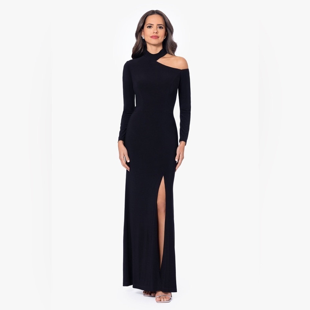 XSCAPE EVENINGS
"ALETTA" JERSEY KNIT LONG SLEEVE ONE SHOULDER CUT OUT LONG DRESS